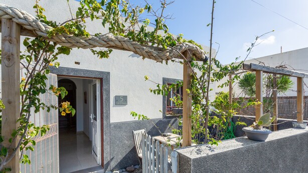 Un patio con un arco de cuerda, una puerta de madera y una planta de cactus en maceta.