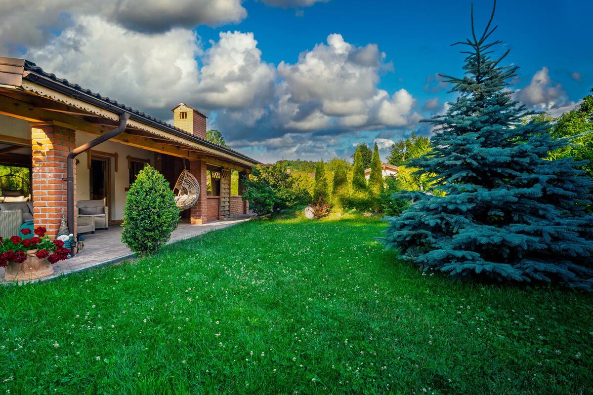 Une maison dotée d’un patio couvert, d’une cheminée en briques et d’une pelouse bien entretenue, avec un grand arbre à feuilles persistantes.