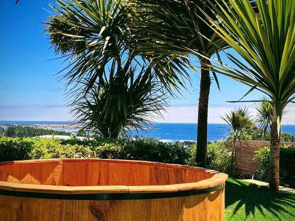 A wooden deck with a view of the ocean and palm trees. - Ocean View Hot Tub Suites (Pichilemu)
