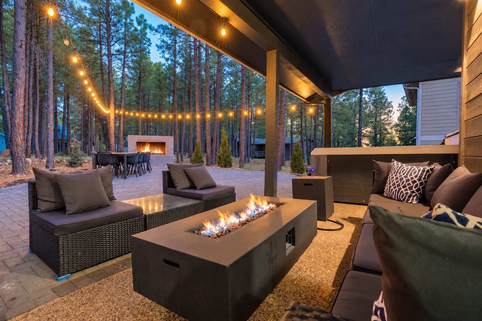 An outdoor patio with a fire pit, seating, and string lights.