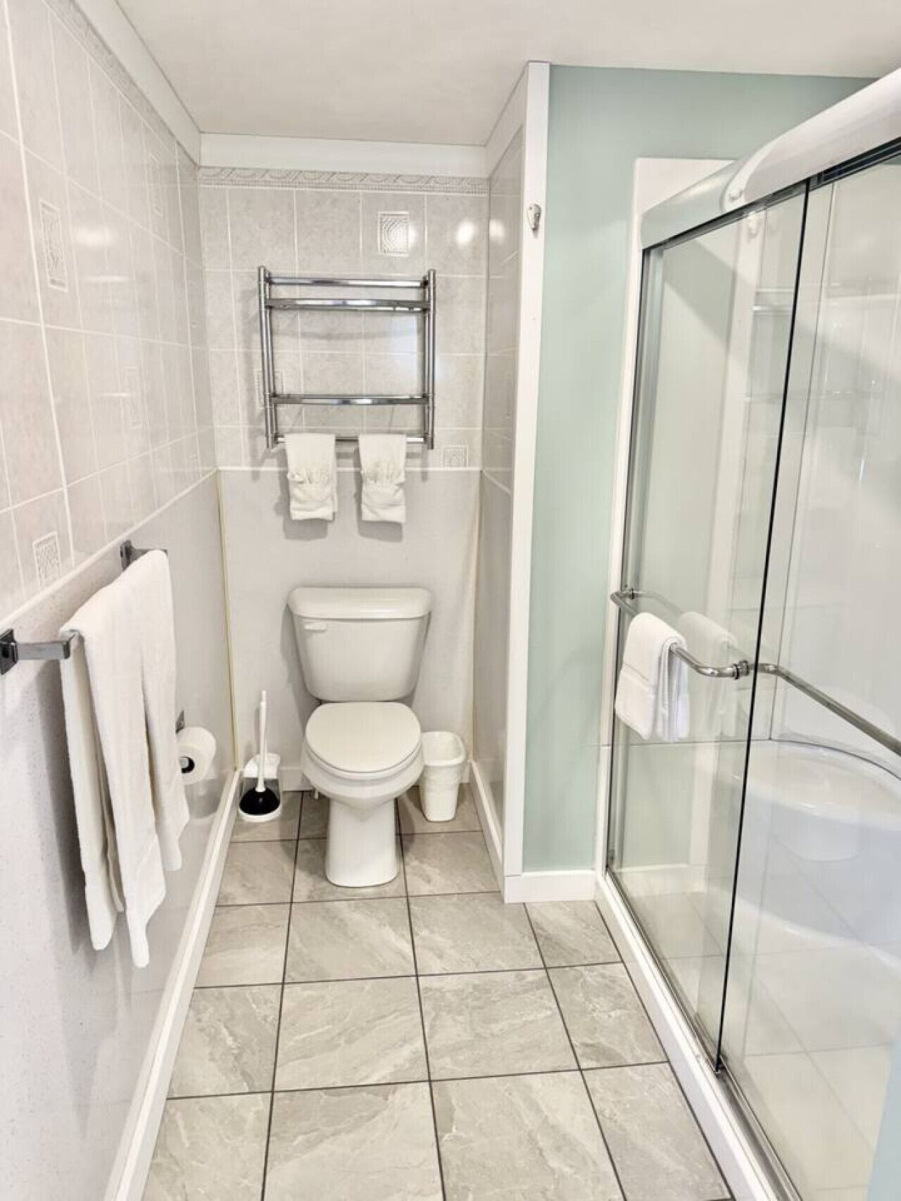 A modern bathroom with a glass shower enclosure, a toilet, and a towel rack.