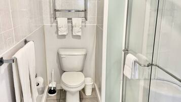 A modern bathroom with a glass shower enclosure, a toilet, and a towel rack.