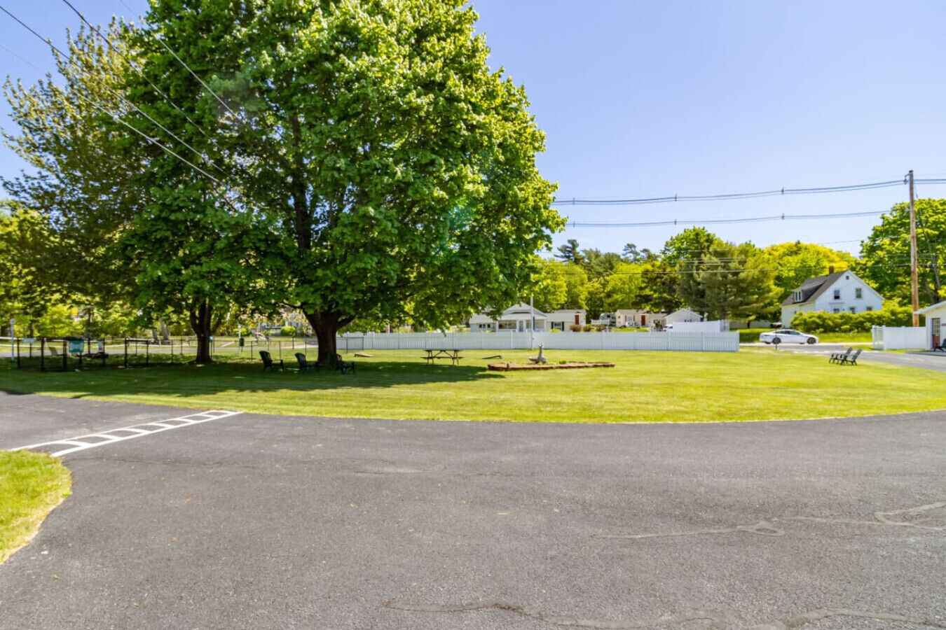 A parking lot with a large tree, a picnic table, and a white fence.