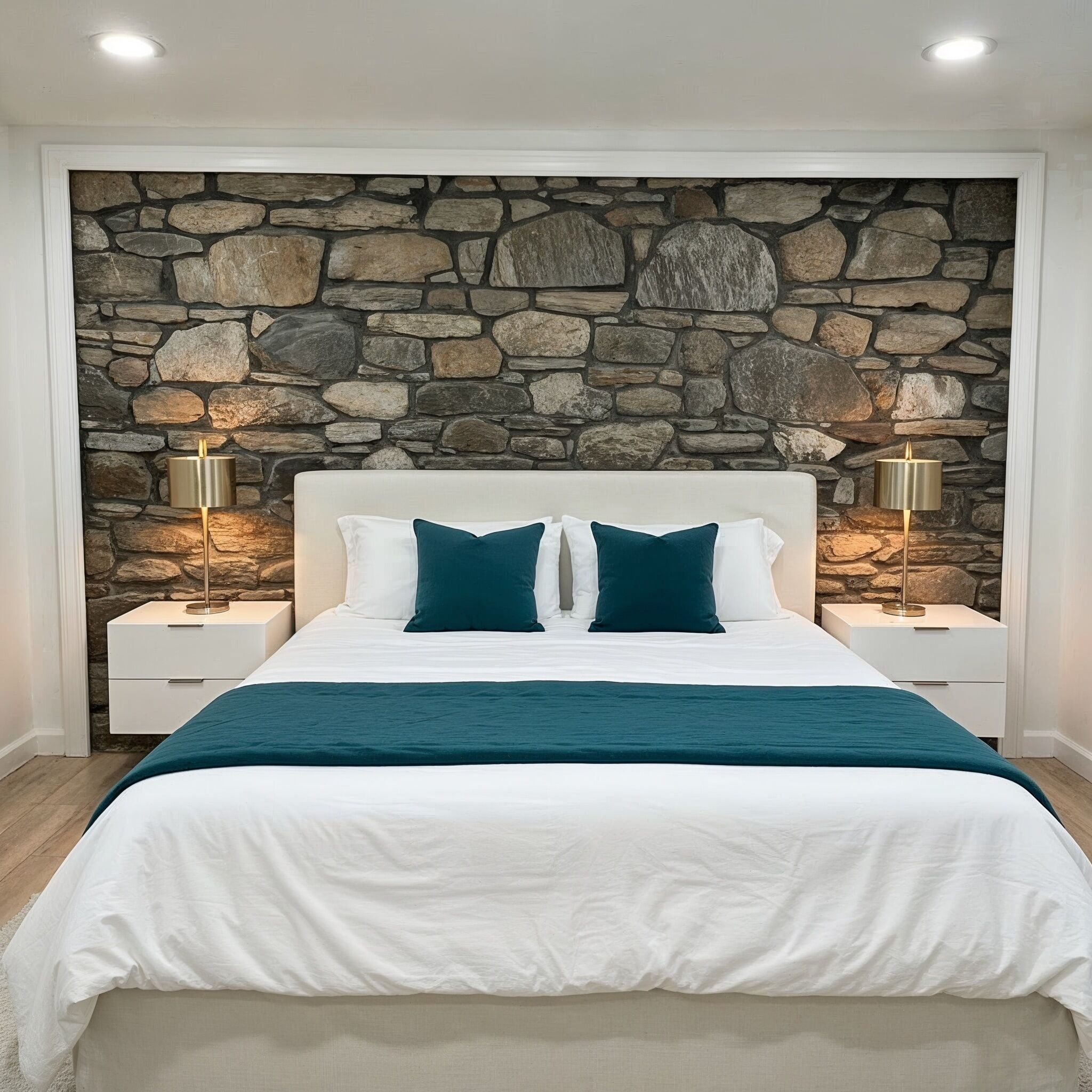 Un lit avec une literie blanche et des oreillers turquoise, flanqué de tables de chevet avec des lampes, le tout adossé à un mur en pierre.