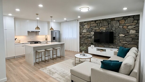 Eine moderne Küche mit weißen Schränken, einer zentralen Kochinsel mit Barhocker, einer Wand mit Steinverkleidung, einem Flachbildfernseher und einem beigen Sofa mit Türkis-Kissen.