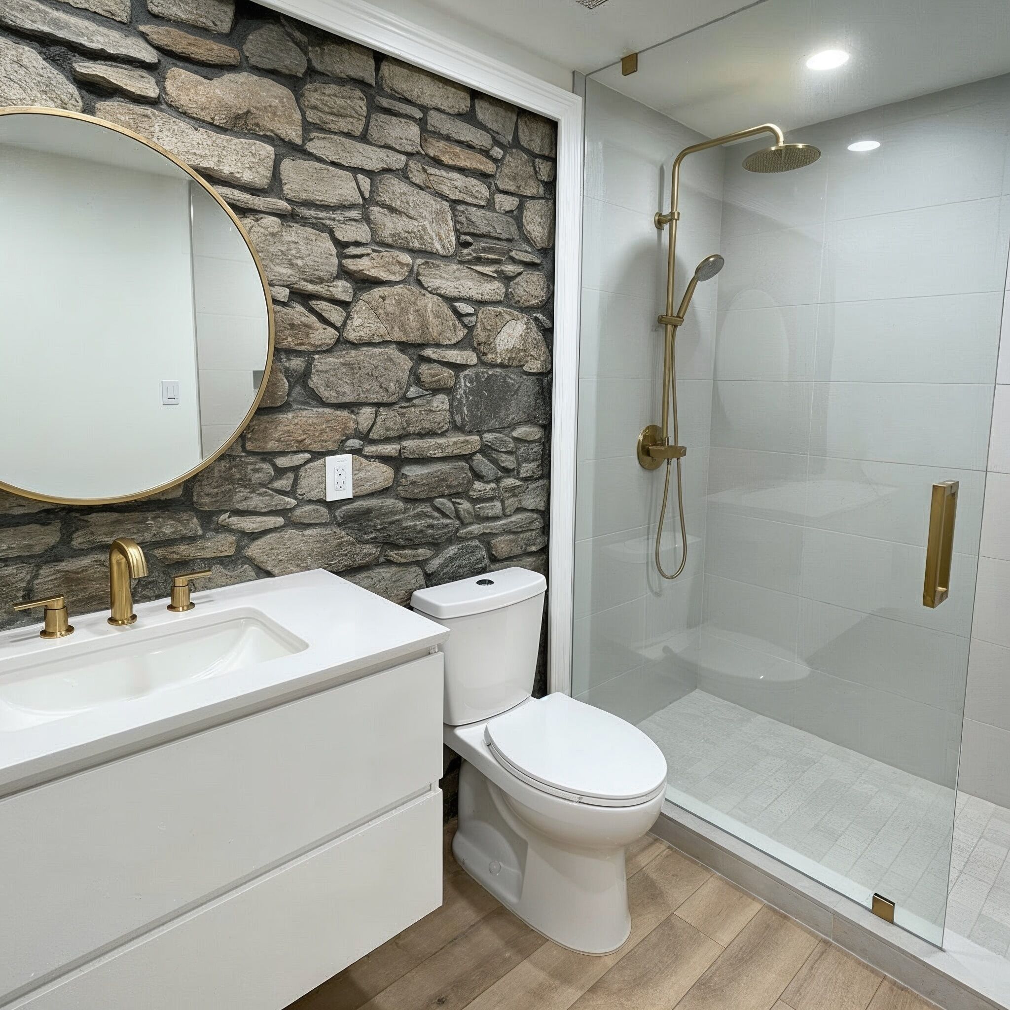 Een badkamer met een stenen muur, een ronde spiegel, een wit wastafelmeubel met gouden details, een toilet en een douchecabine met glazen wanden.