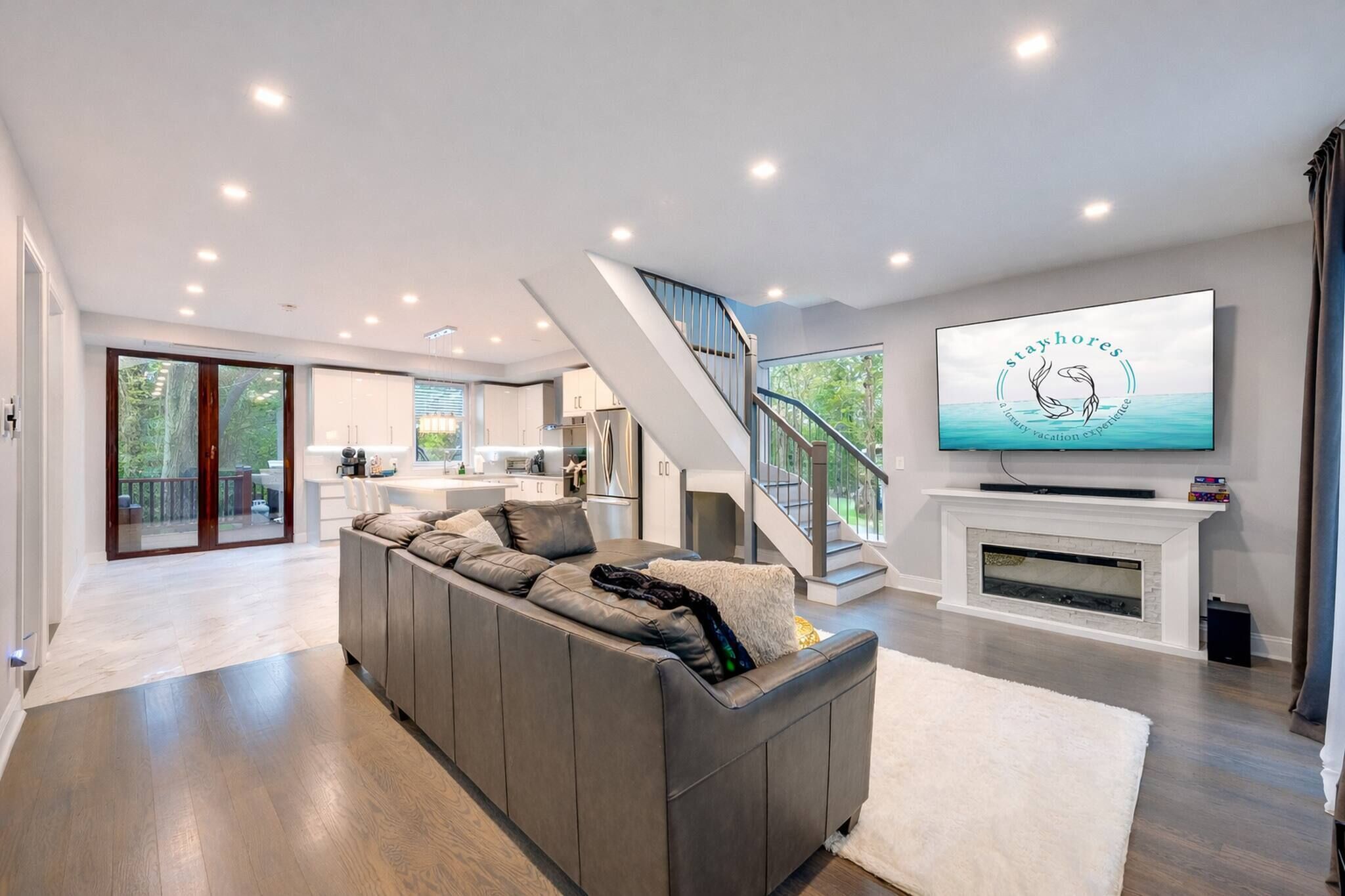 Smart TV, fireplace, video games, foosball