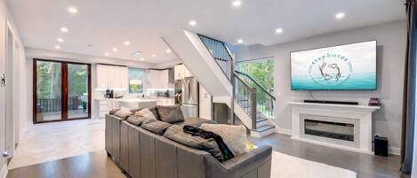 Smart TV, fireplace, video games, foosball