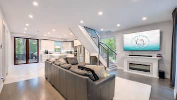 Smart TV, fireplace, video games, foosball