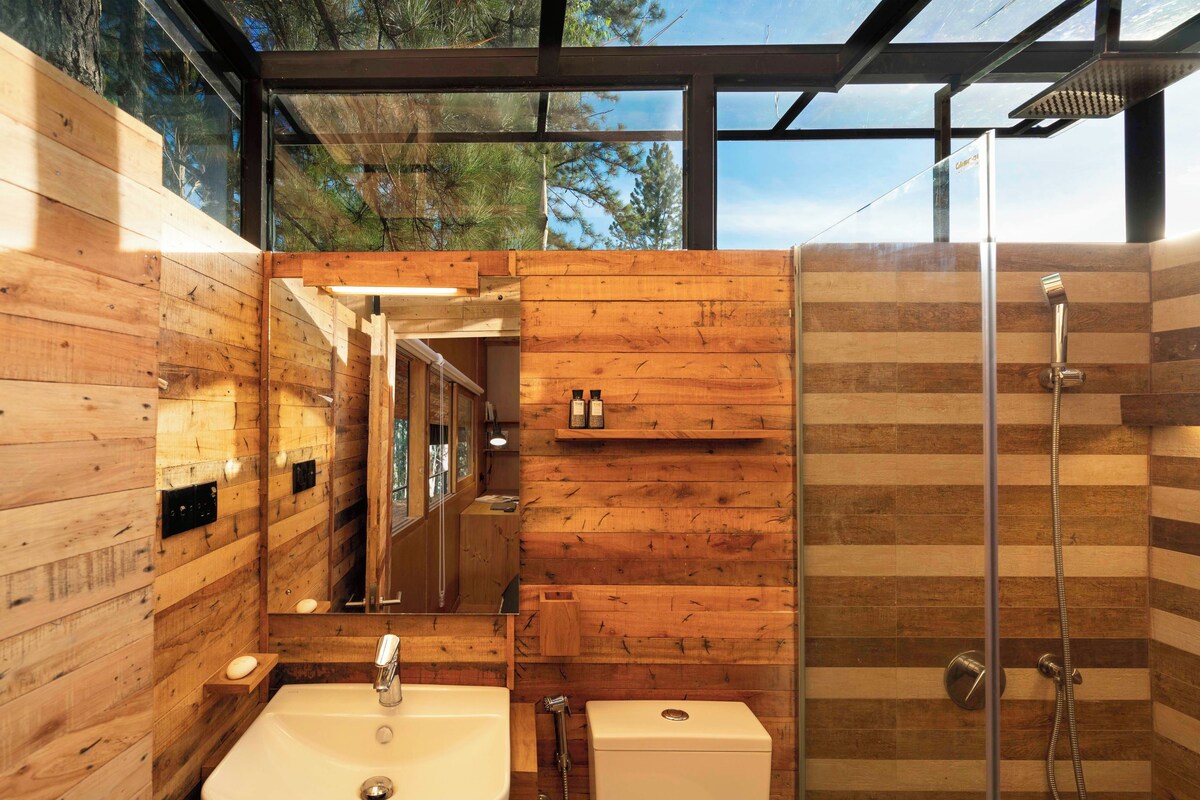 A modern bathroom with wooden paneling, a glass shower enclosure, and a sink with a mirror.