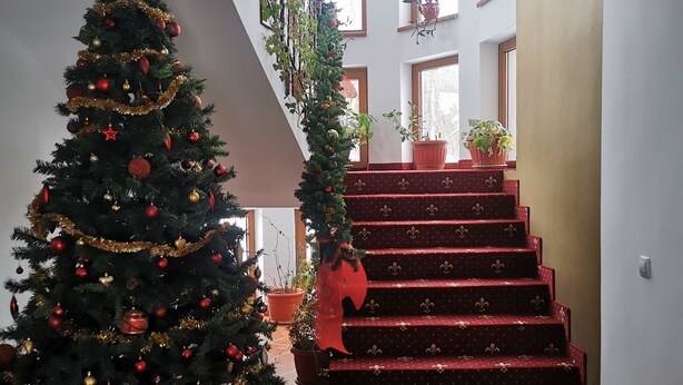A staircase with red carpet and a Christmas tree decorated with ornaments. - Pensiunea Rasnov (Rasnov)