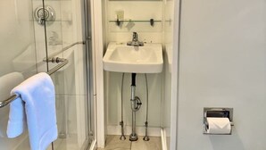 A modern bathroom with a glass shower enclosure, a white sink, and a toilet. - Gallagher`s Travels Room 2 (King Bed) (Bar Harbor)