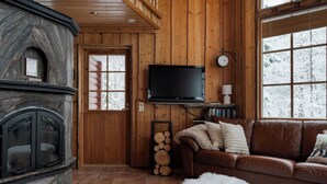A cozy cabin interior with a stone fireplace, a television mounted on the wall, a leather couch, and a large window with a view of snow-covered trees. - Alpine Fox by Aavalevi (Levi)