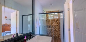 Shower, hair dryer, towels