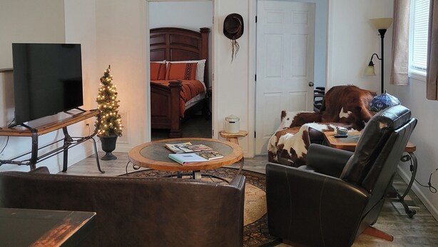 Een woonkamer met een televisie, een kerstboom, een eettafel en een hond.