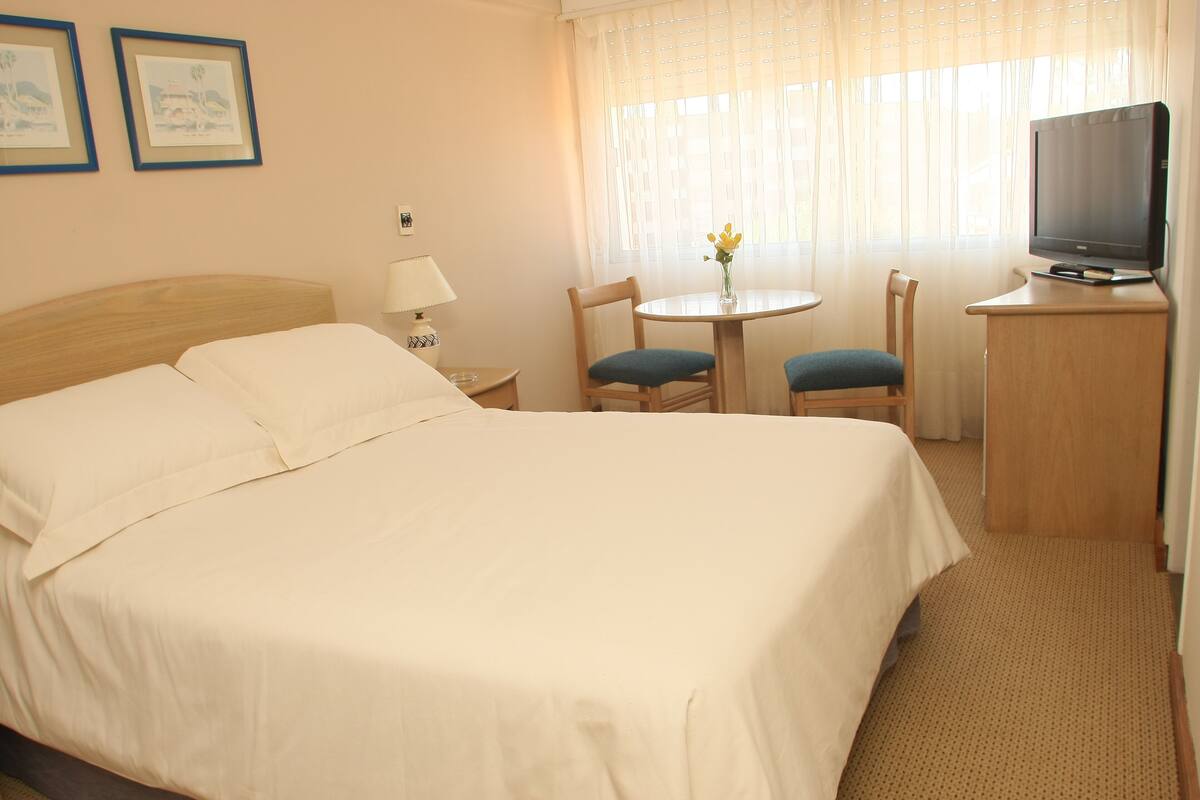 A hotel room with a large bed, a small desk with a television, a chair, and a table with a vase of flowers.
