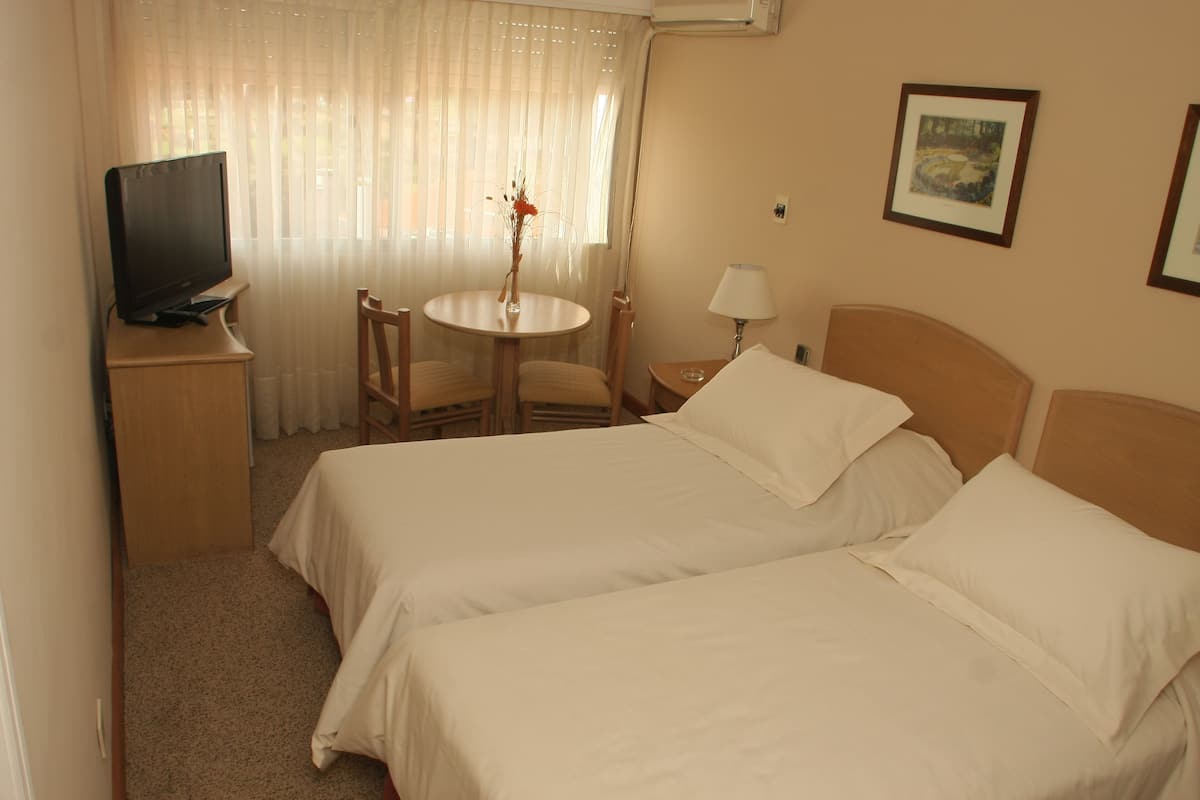A hotel room with two beds, a TV, a small table with a vase, and a chair.
