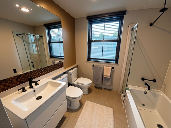 Hair dryer, towels, soap, shampoo