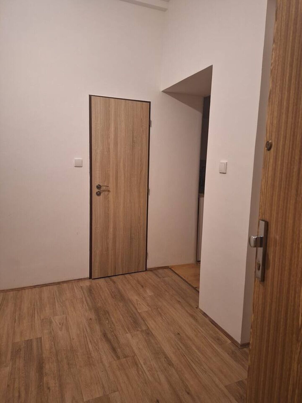 Una habitación con puerta de madera, un interruptor de luz en la pared y piso de madera.