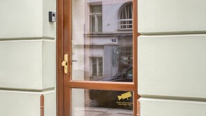 Una puerta de madera con un panel de vidrio, un buzón y un pavimento adoquinado.