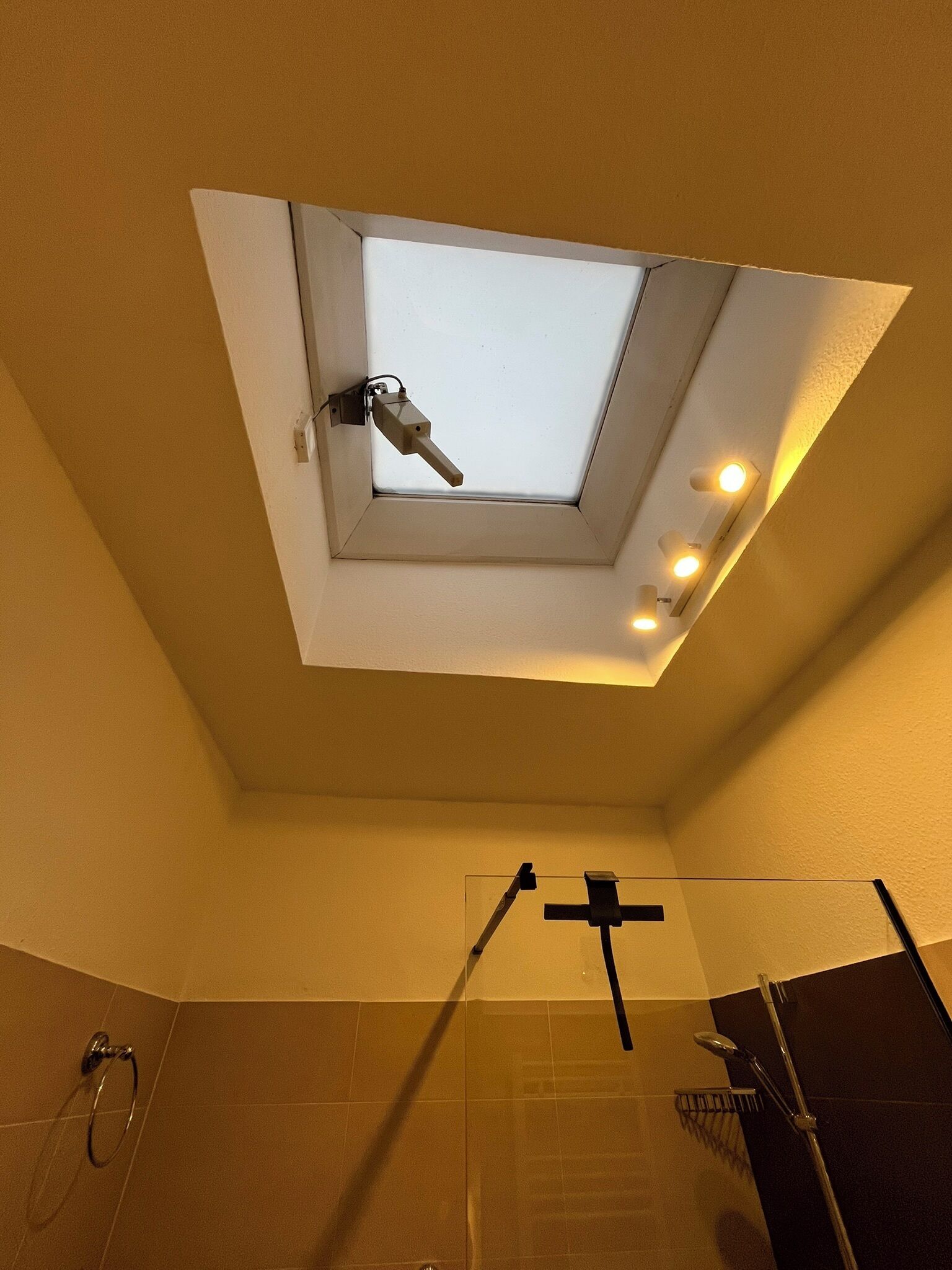 A skylight in a bathroom with a shower and a towel rack.