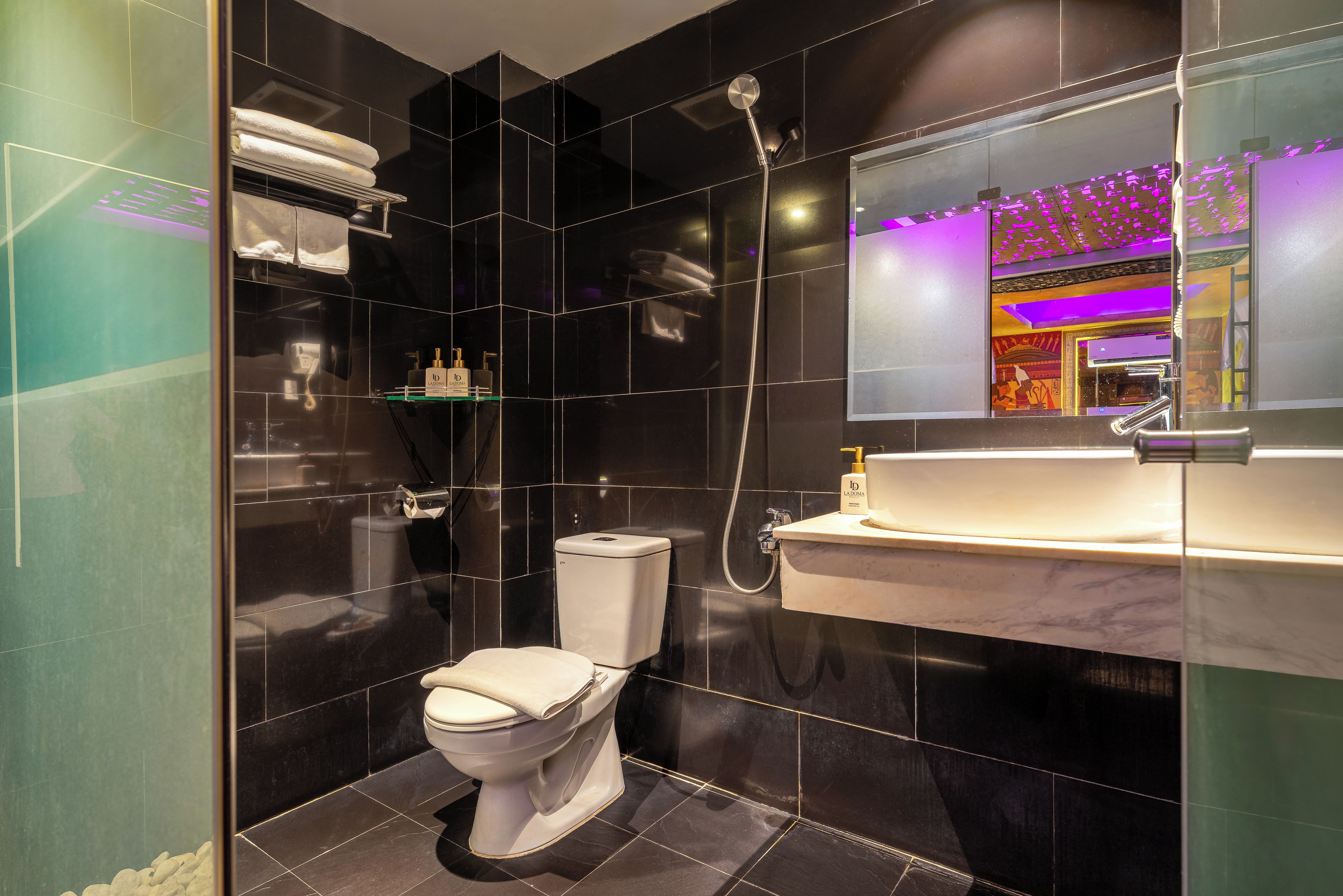 Een moderne badkamer met toilet, douche en wastafel.