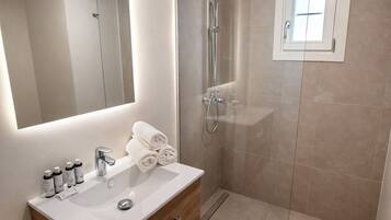 Chuveiro, secador de cabelo, toalhas de banho, sabonete