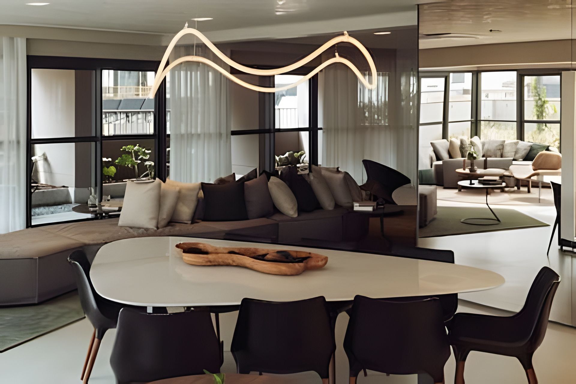 Una sala de estar moderna con un sofá grande en forma de L, una mesa de comedor con sillas y una lámpara de techo original.