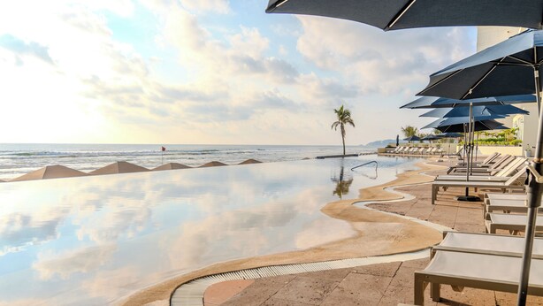 Zona junto a la piscina con sillones reclinables y sombrillas, una palmera y vista al océano.