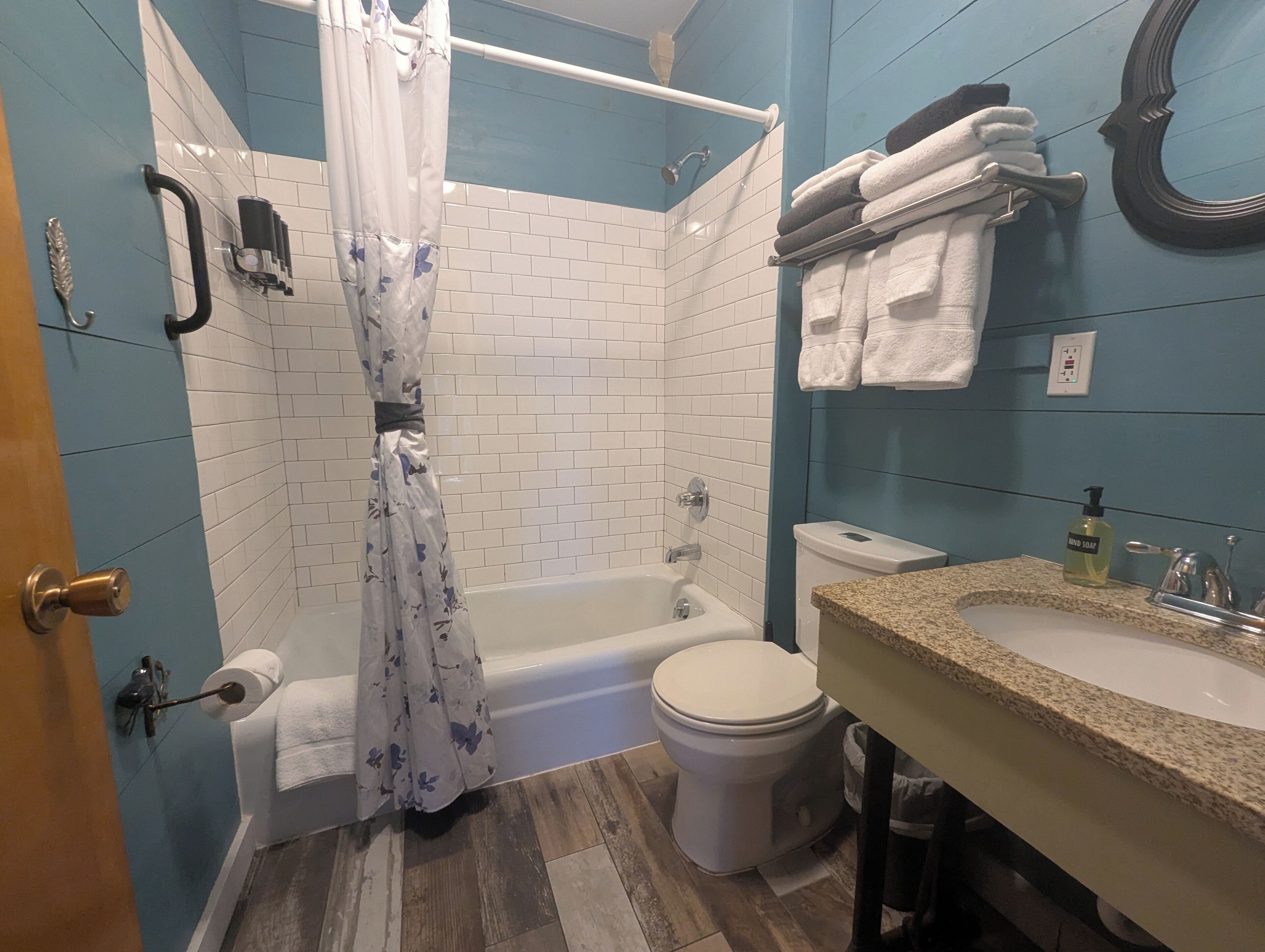 Eco-friendly toiletries, hair dryer, towels