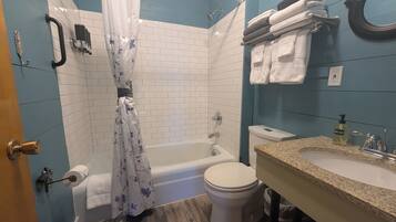 Eco-friendly toiletries, hair dryer, towels