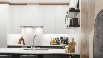 Revy Retreat (Unit 1405) | Private kitchen | Full-size fridge, microwave, oven, stovetop