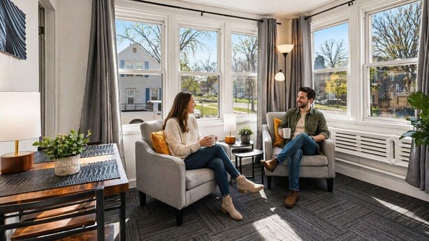 Una habitación con dos sofás enfrentados, una mesita con lámpara y ventanas grandes con cortinas.
