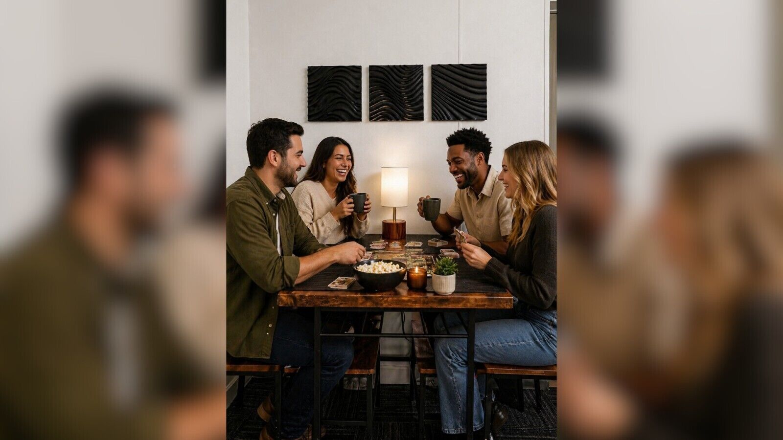 Un grupo de personas sentadas alrededor de una mesa de madera, con una vela, un cuenco de palomitas de maíz y una pequeña planta.