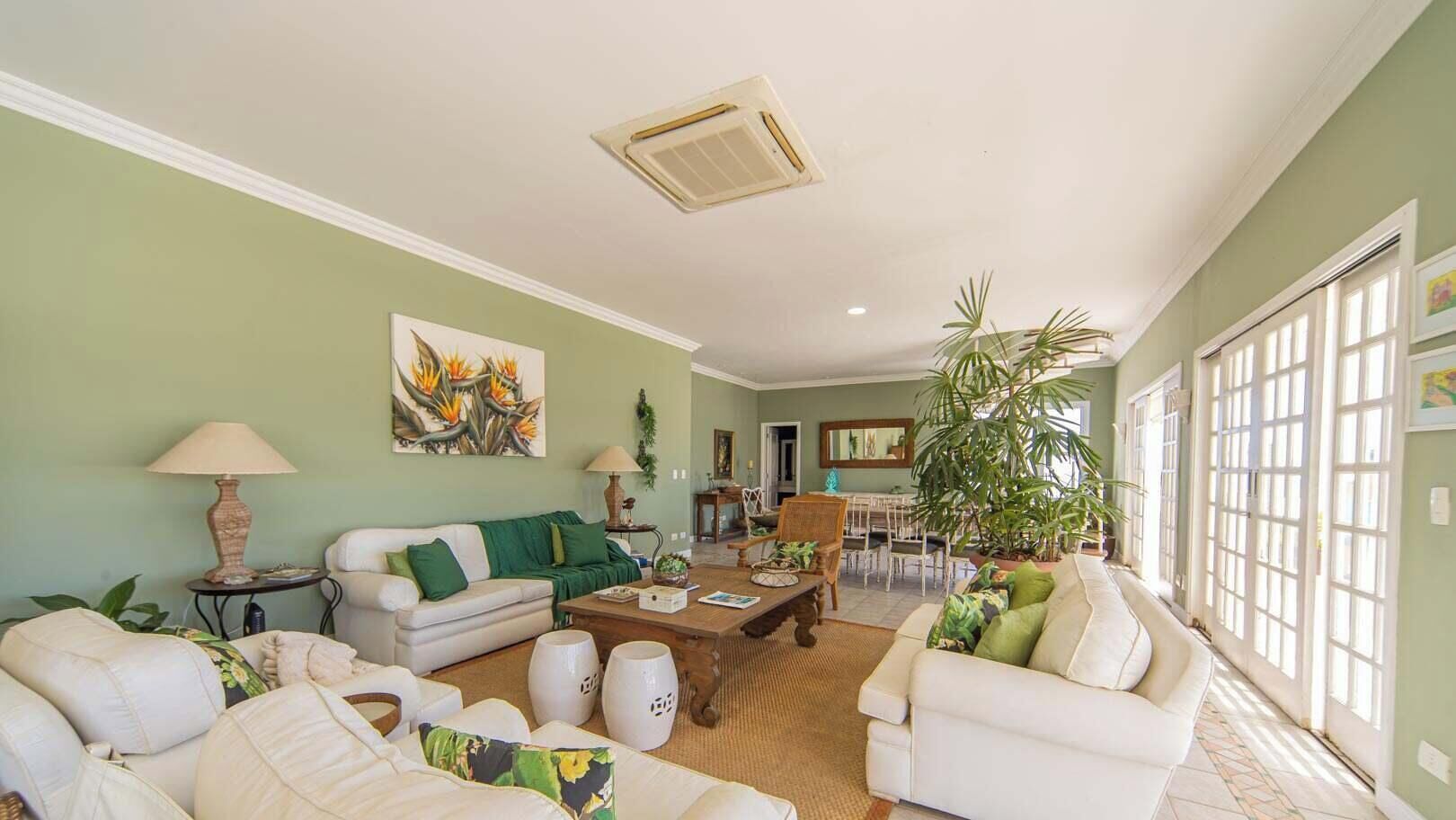 Un salon spacieux avec un canapé, une table basse et des fauteuils, un coin repas avec une table et des chaises, et une grande plante en pot.