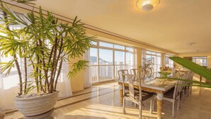 Un'ampia sala da pranzo con un'alta pianta in vaso, un tavolo con sedie e ampie finestre che offrono vista sulla città.