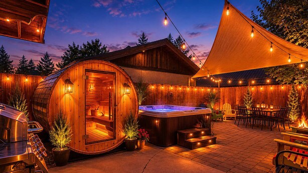 Uma cabana de madeira com sauna, banheira de hidromassagem e área de estar externa.