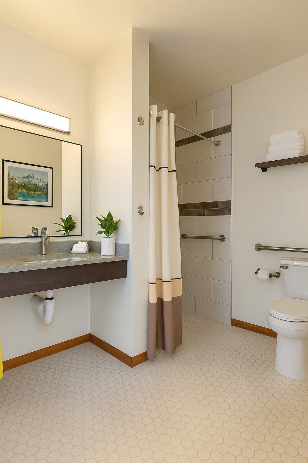 A bathroom with a shower, toilet, sink, and a framed picture on the wall.