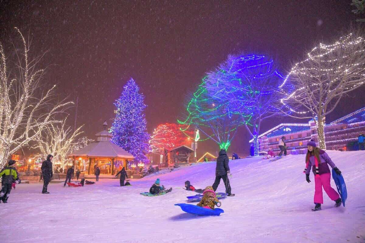 A snow-covered area with people sledding and walking, illuminated by colorful lights on trees and buildings.