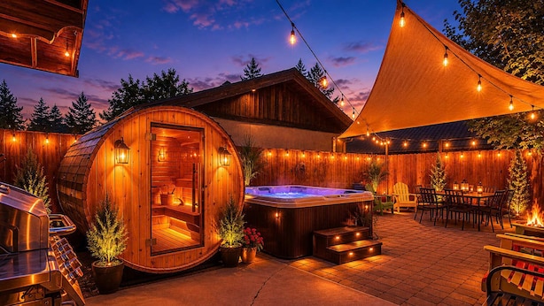 Una baita di legno con sauna, vasca idromassaggio e zona salotto esterna.
