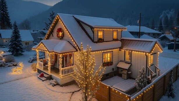 A snow-covered house with a porch and deck, illuminated by string lights.