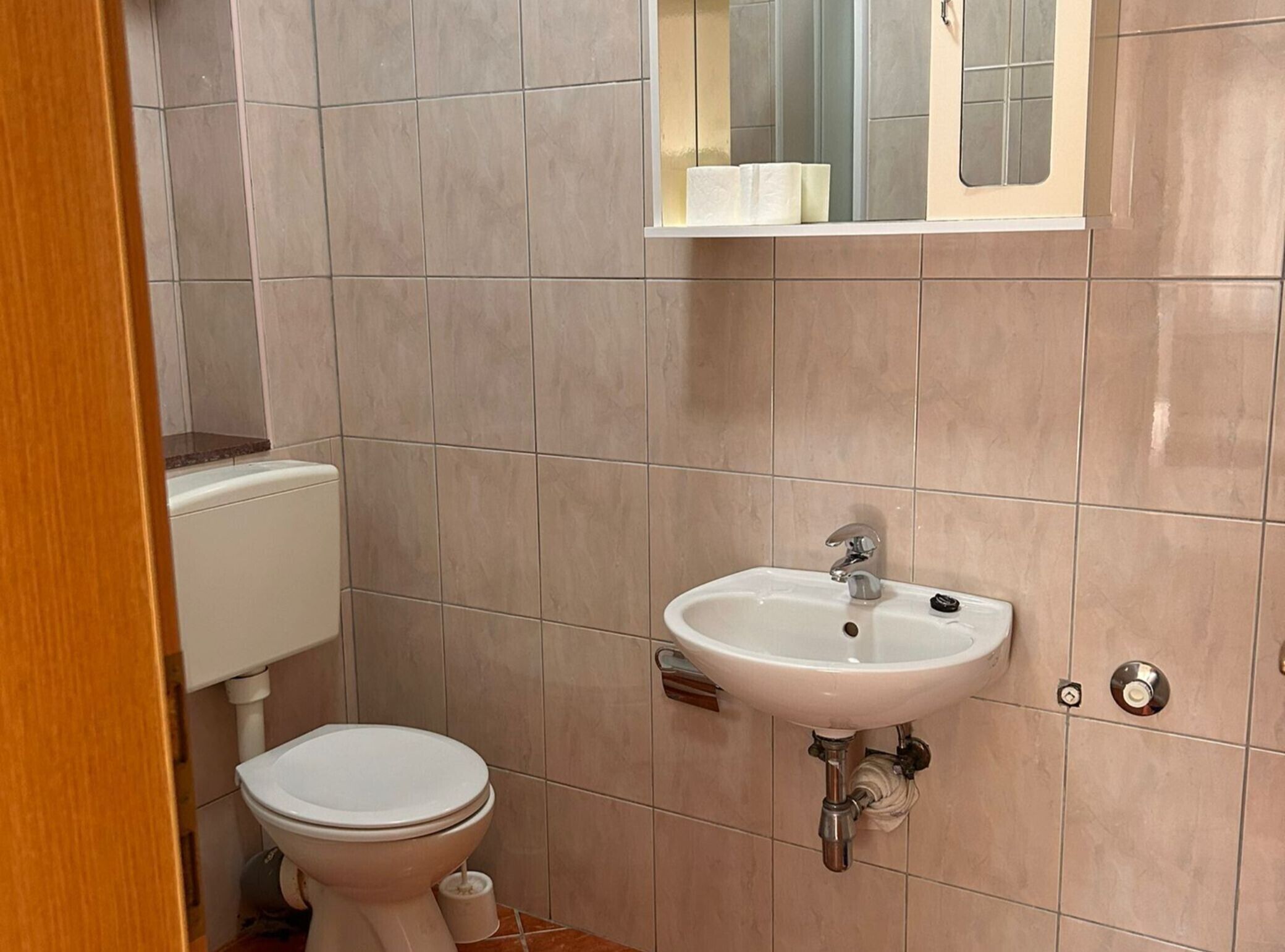 Et lille badeværelse med toilet, håndvask og et spejl over vasken.