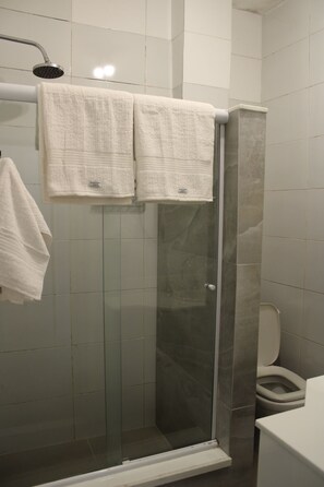 Chuveiro, secador de cabelo, toalhas de banho, sabonete
