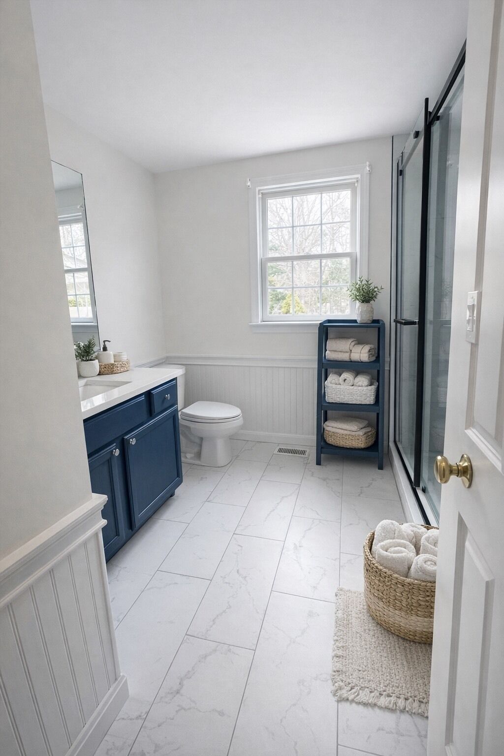 A bathroom with a toilet, a sink, a shower, a window, and a shelf with towels.