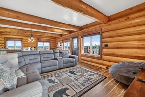 TV, fireplace, offices - Buckskin Flats | By the Lake! Boat Ramp, Hot Tub, AC & Sleeps 18! (Island Park)