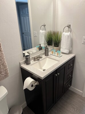 Hair dryer, towels, soap, toilet paper