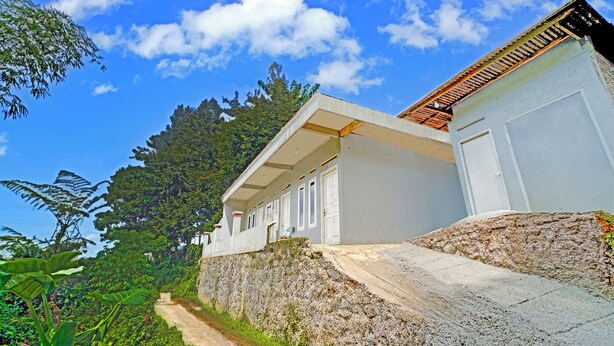 A building with a stone retaining wall, a pathway, and lush greenery. - OYO 95065 Villa Ade (Cisarua)