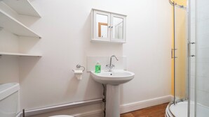 A bathroom with a white sink, a mirror cabinet, a toilet, and a shower. - Apartment Sleeps 7 - Contractors,long Stays, Wifi (Birmingham)