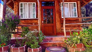 A rustic wooden cabin with a porch, large windows, and a door. - Cabaña 1 Hogar de leña puente colgante (Mineral del chico)