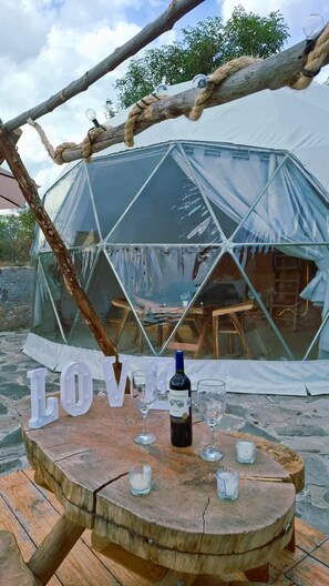 A glass geodesic dome tent with a table in front, a bottle of wine, and two glasses.